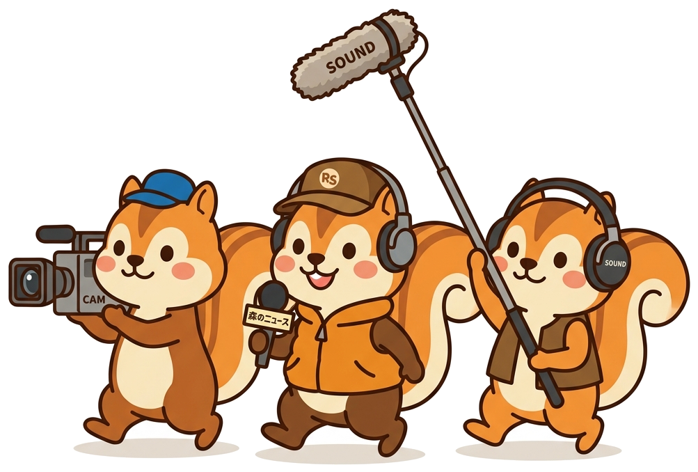 取材中のりすのすけDとどんぐり映像公社取材クルー